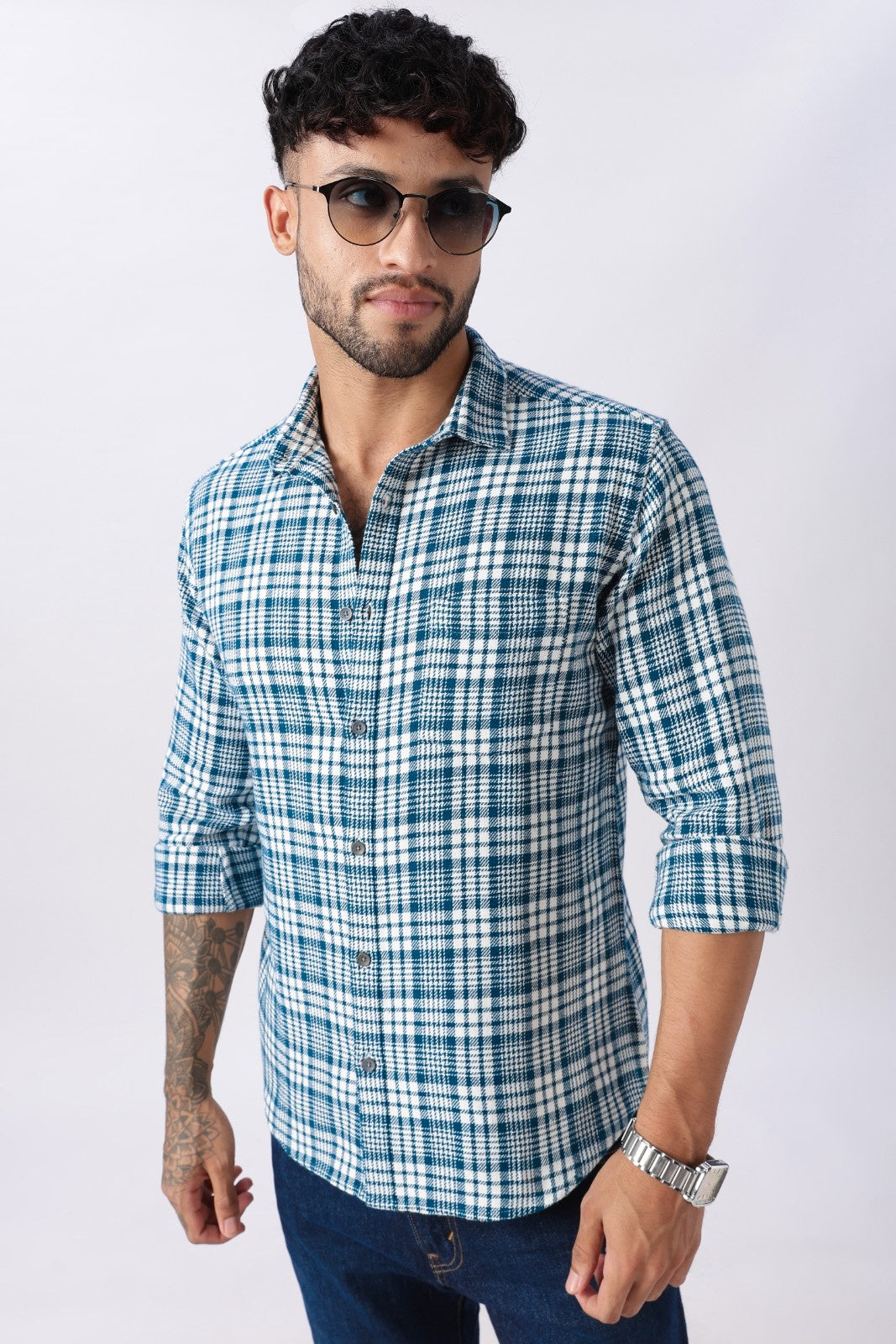 Teal Twill Check Regular Fit Cotton Shirt Uri