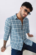 Teal Twill Check Regular Fit Cotton Shirt Uri