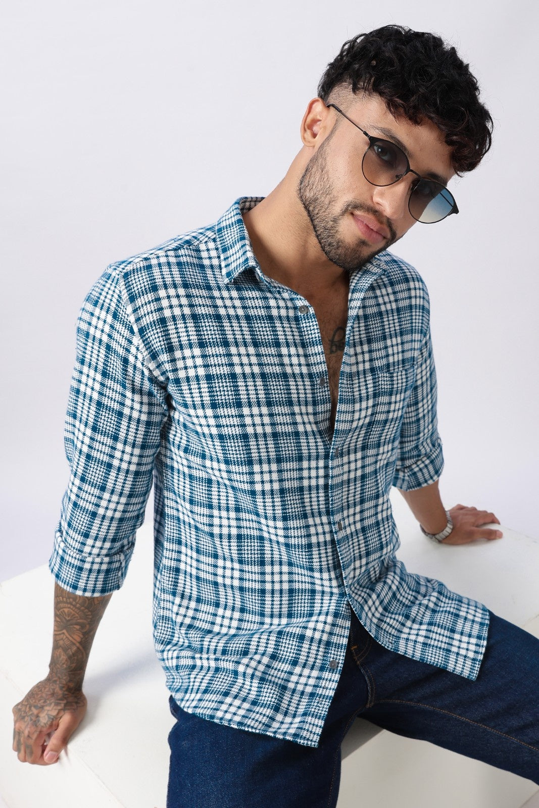 Teal Twill Check Regular Fit Cotton Shirt Uri