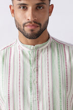 Ivory Green Dobby Stripe Short Kurta Uri