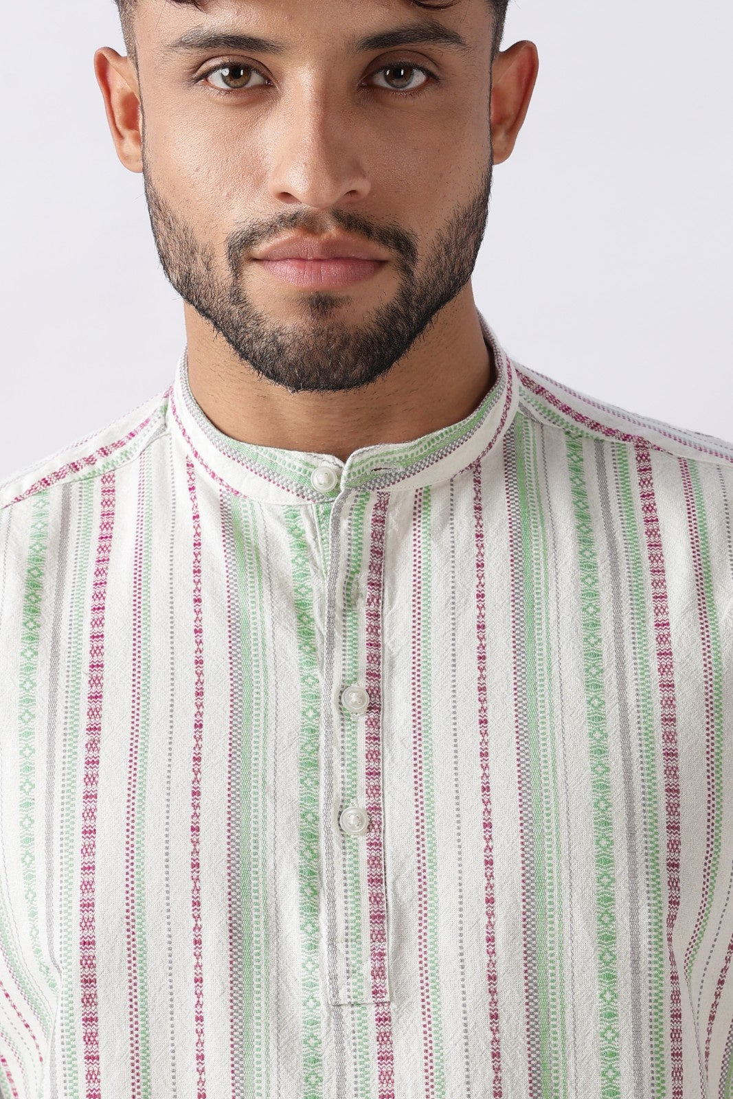 Ivory Green Dobby Stripe Short Kurta Uri