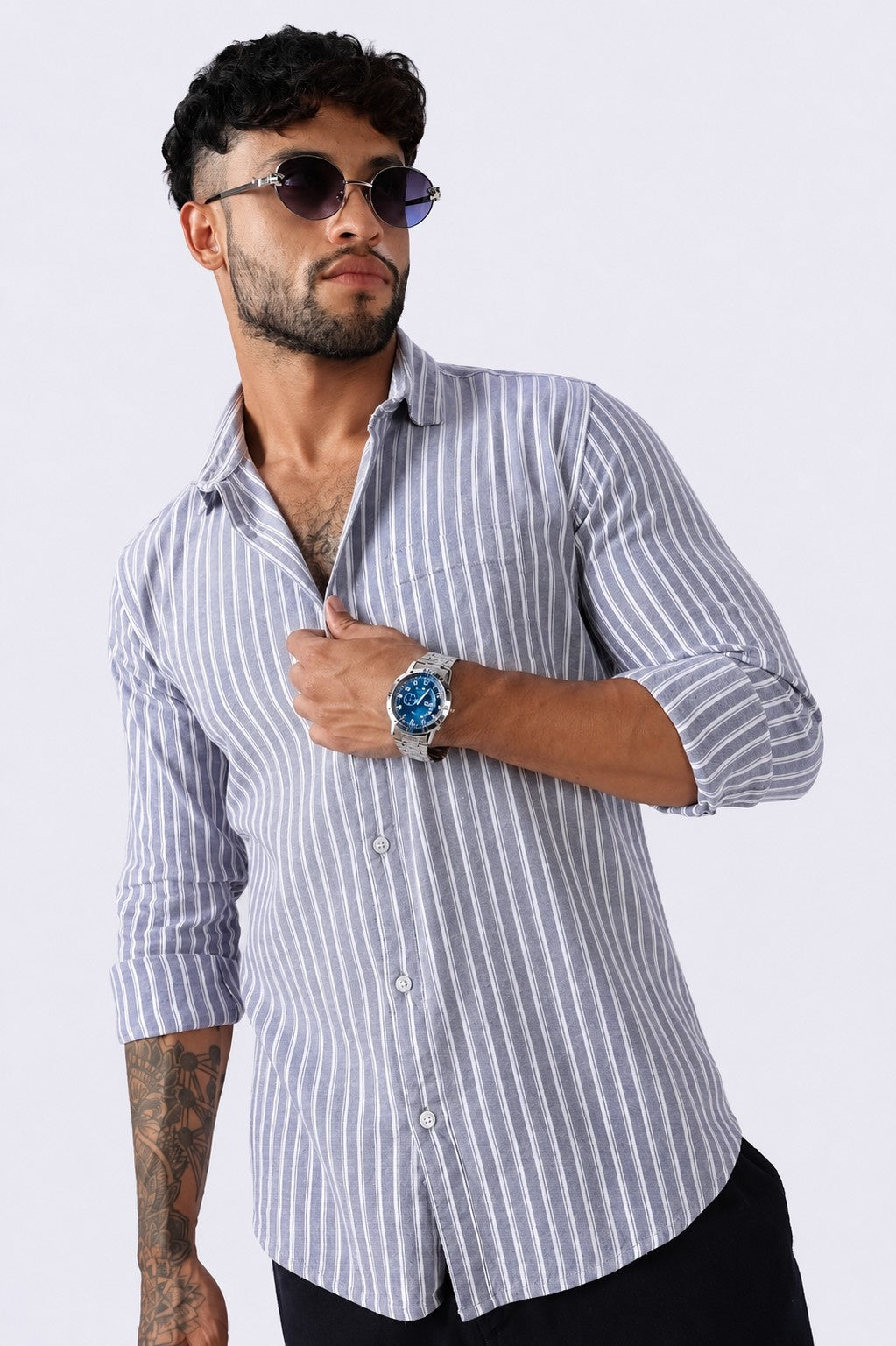 Light Violet Stripe Linen Blend Shirt