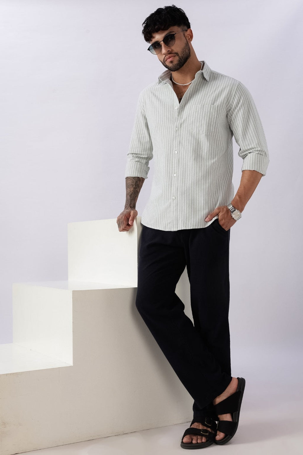 Pistachio Green Oxford Stripe Casual Shirt