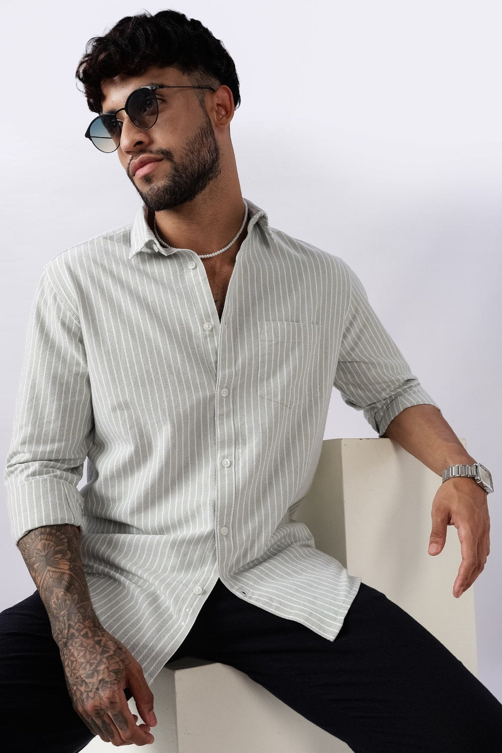 Pistachio Green Oxford Stripe Casual Shirt