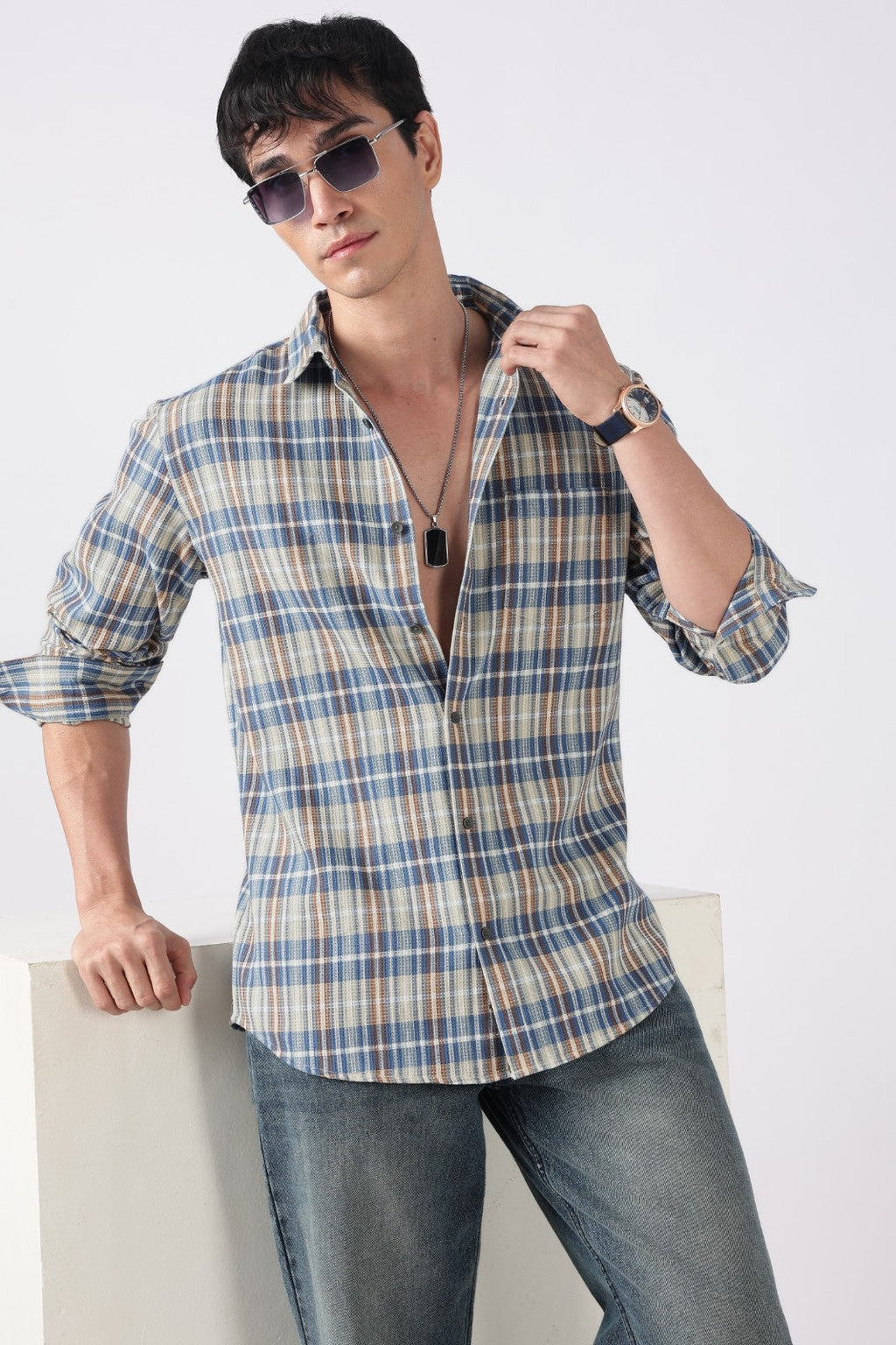 Multicolor Plaid Waffle Casual Shirt