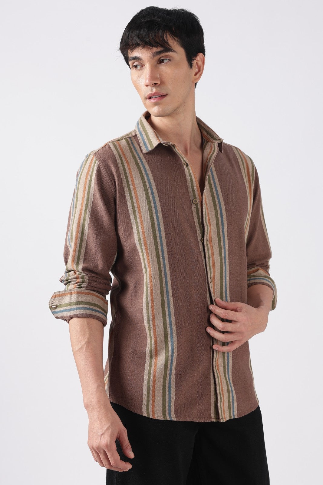 Taupe Brown Herringbone Casual Shirt Uri