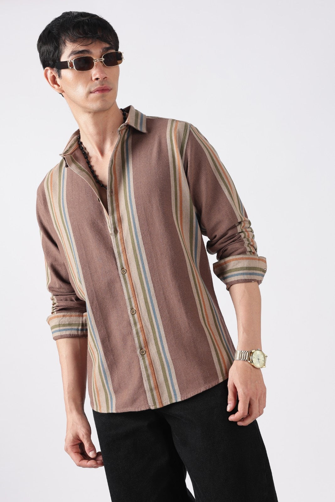 Taupe Brown Herringbone Casual Shirt Uri