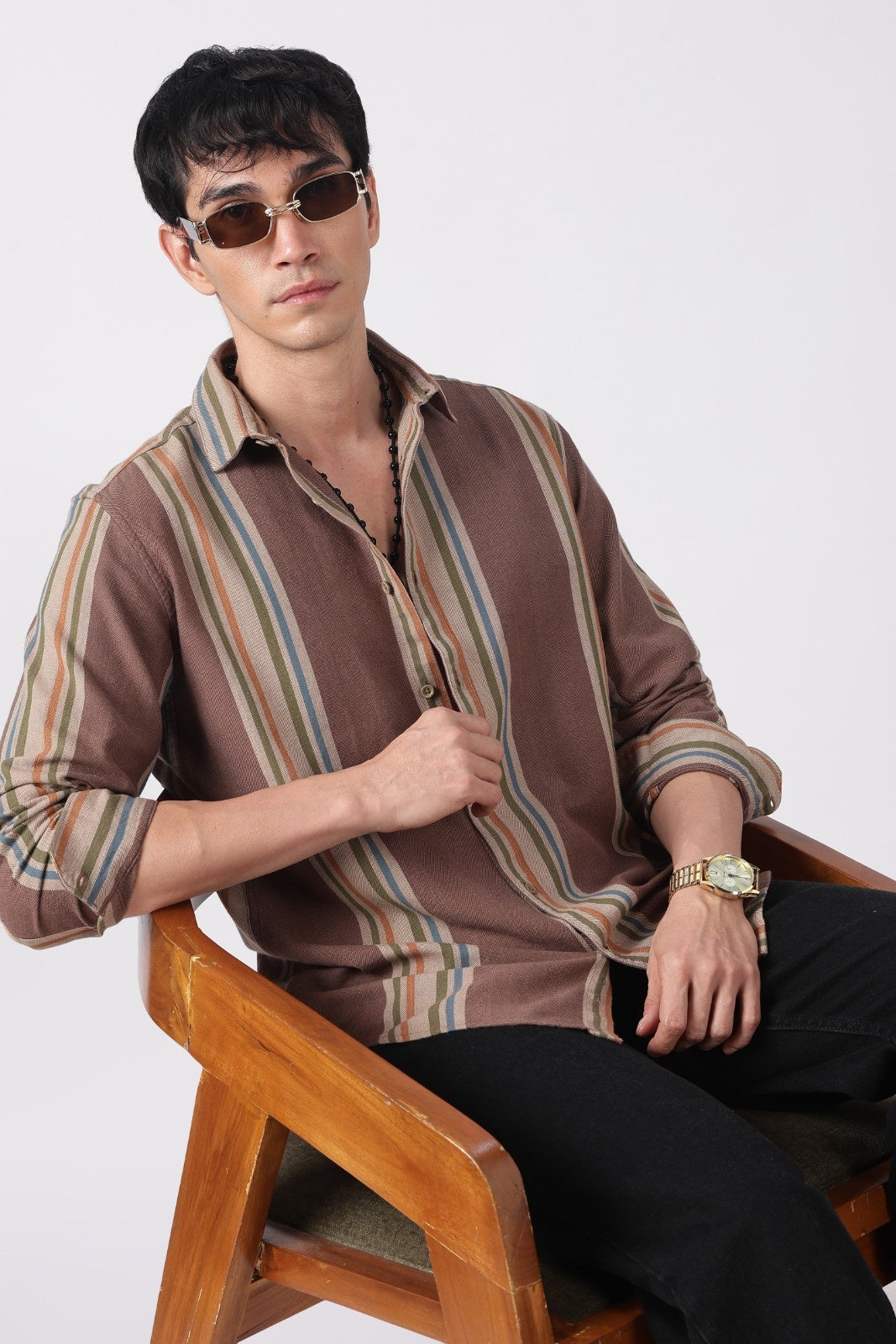 Taupe Brown Herringbone Casual Shirt Uri
