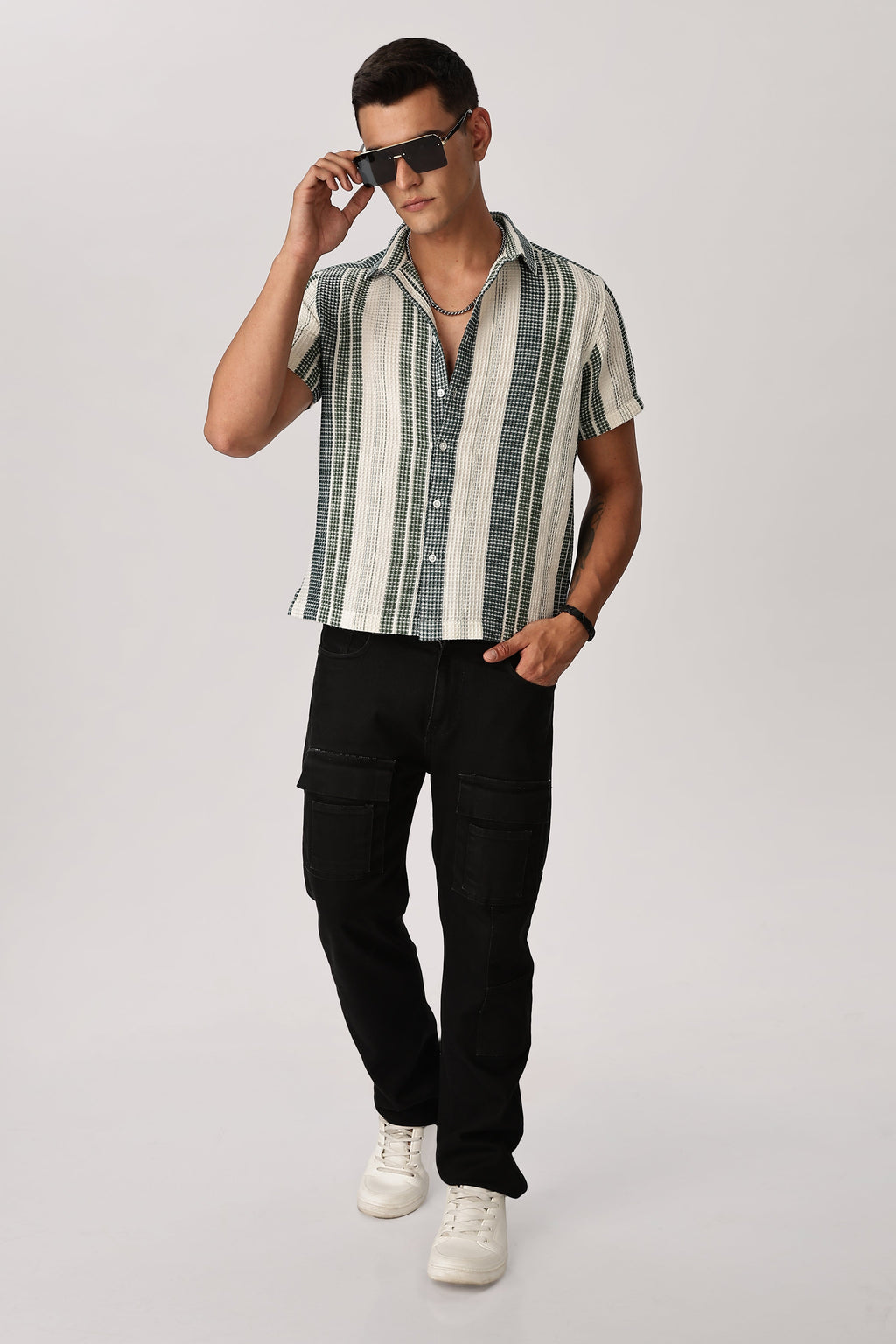 Uri Off White and Green Textured Stripe Shirt Uri