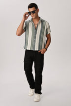 Uri Off White and Green Textured Stripe Shirt Uri