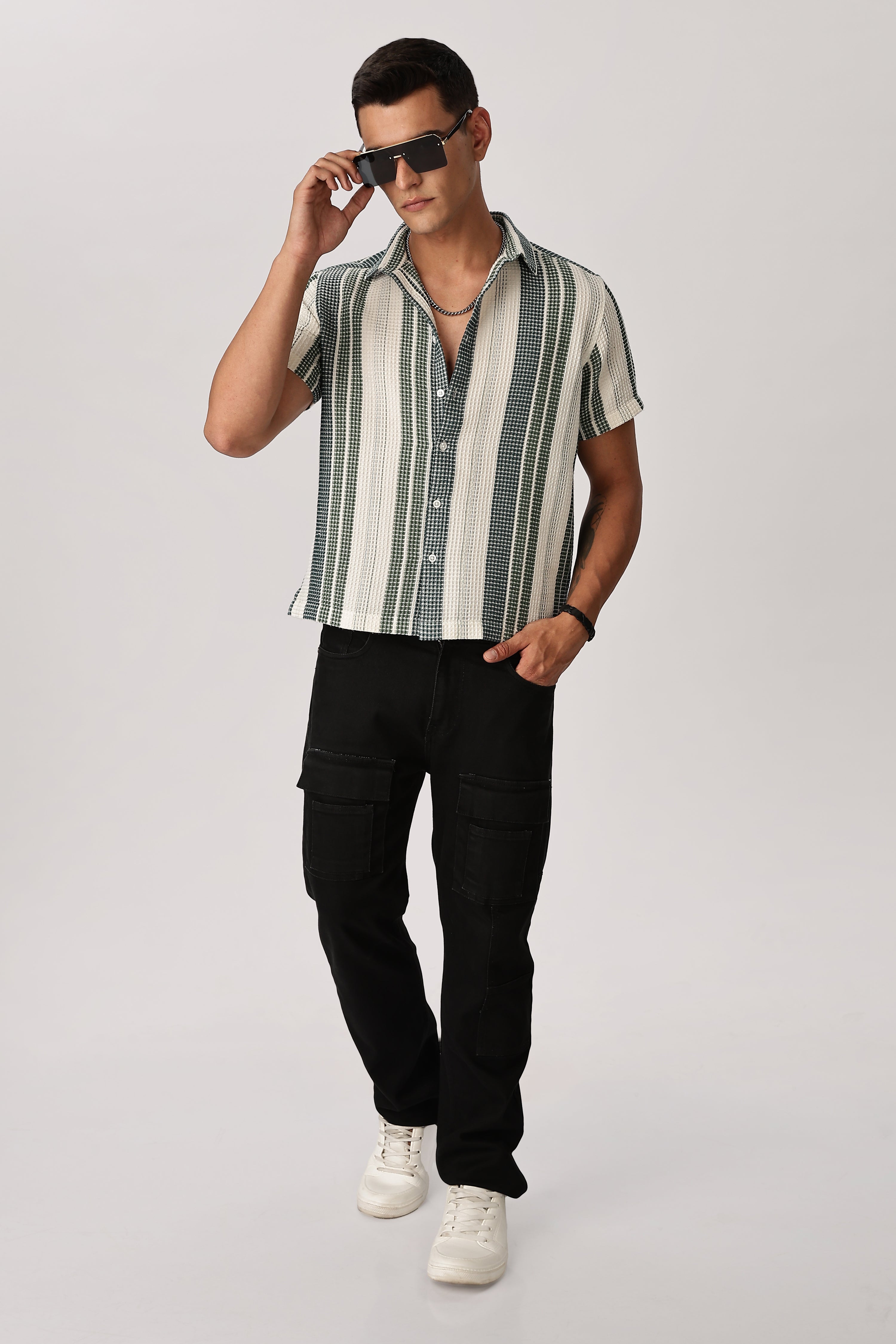 Uri Off White and Green Textured Stripe Shirt Uri