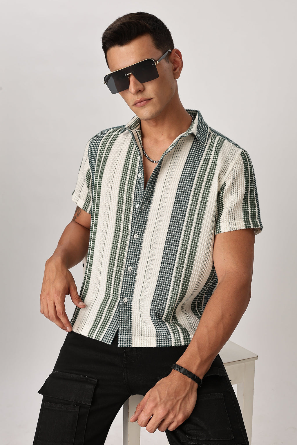 Uri Off White and Green Textured Stripe Shirt Uri