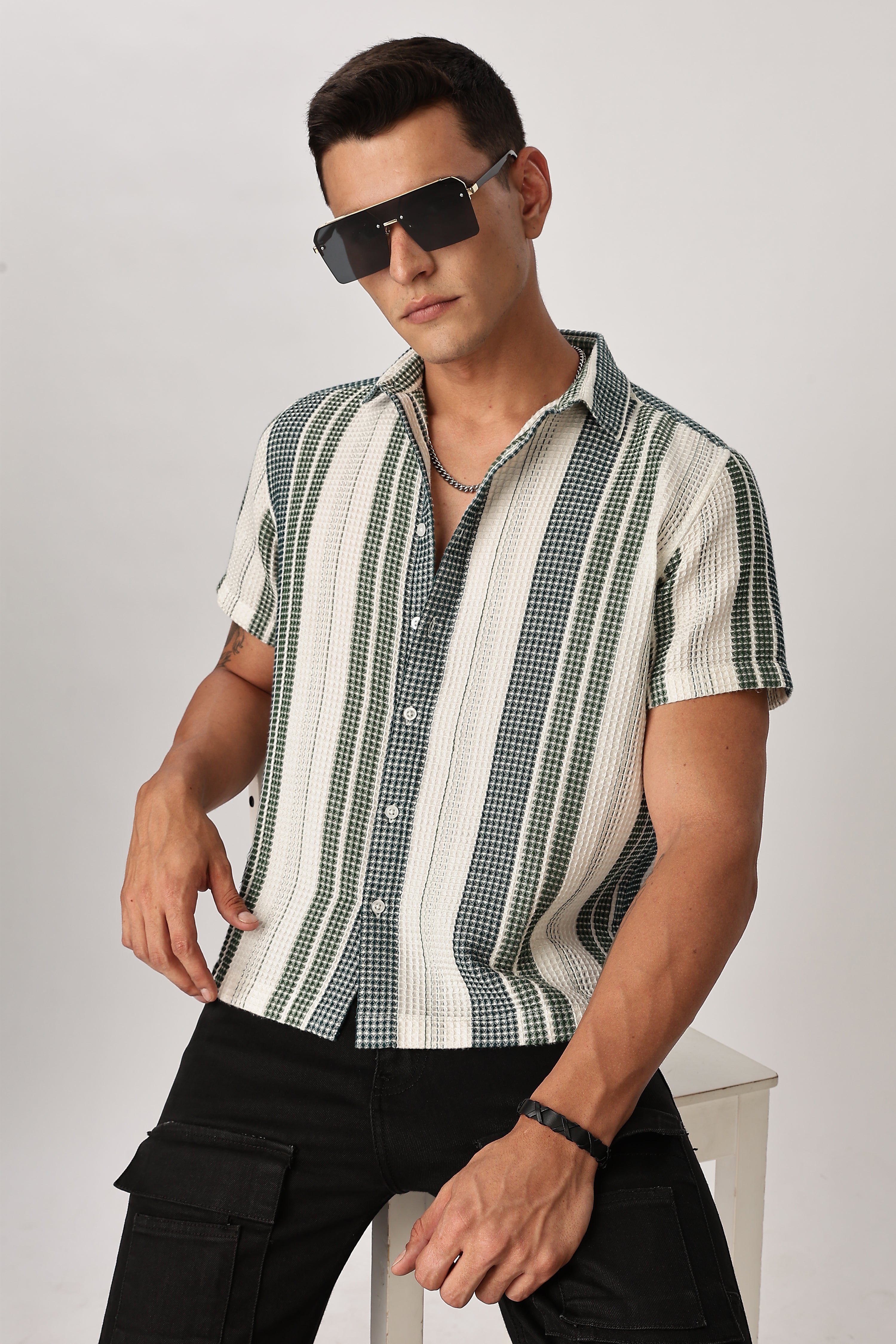 Uri Off White and Green Textured Stripe Shirt Uri