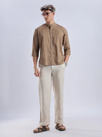 Men's Linen Mandarin Neck Mocha Dust Shirt Vellure