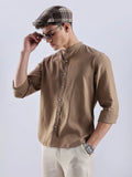 Men's Linen Mandarin Neck Mocha Dust Shirt Vellure