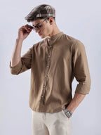 Men's Linen Mandarin Neck Mocha Dust Shirt Vellure