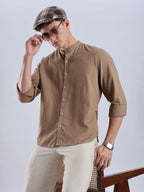 Men's Linen Mandarin Neck Mocha Dust Shirt Vellure