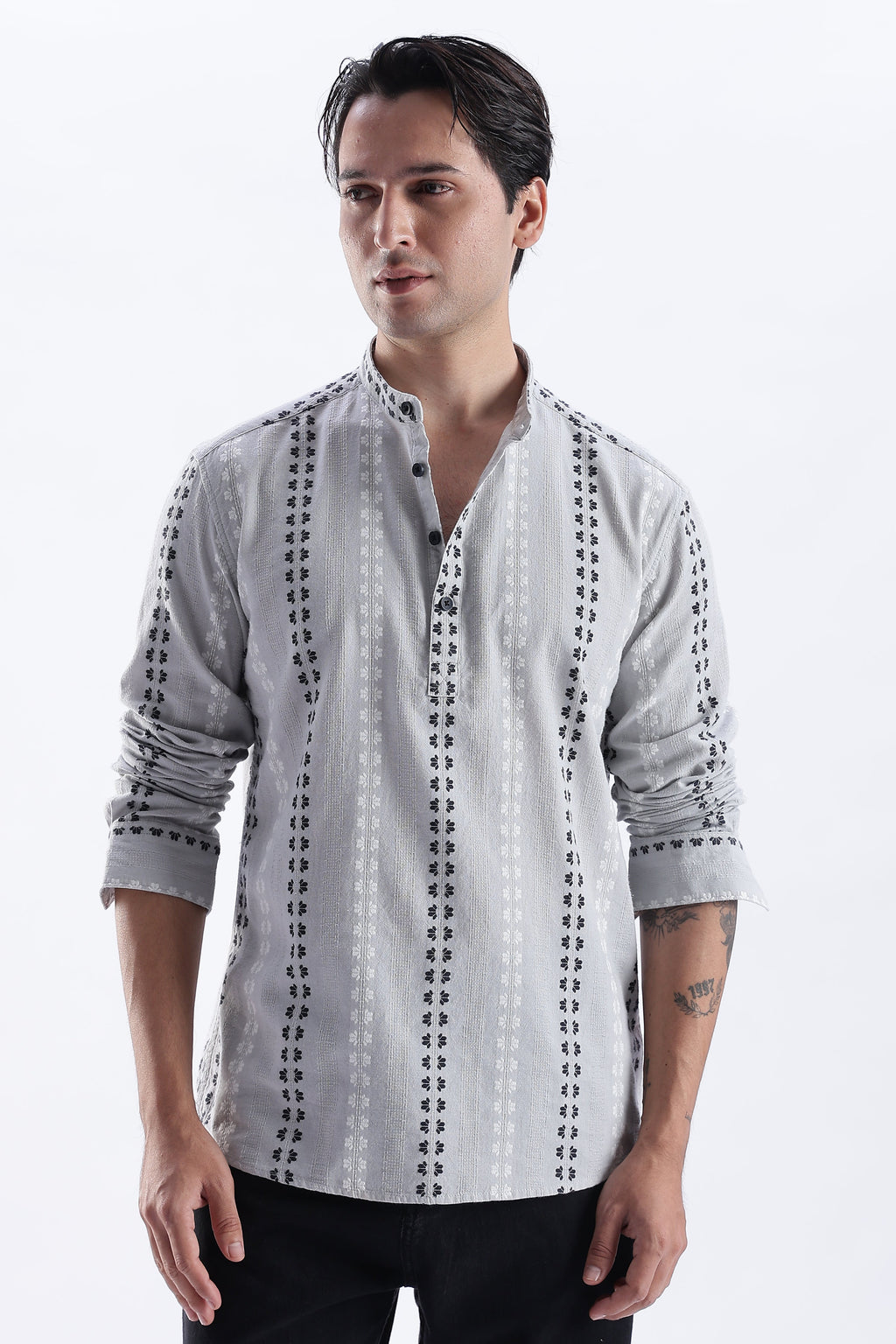 Uri Charcoal Dobby Motif Short Kurta Uri