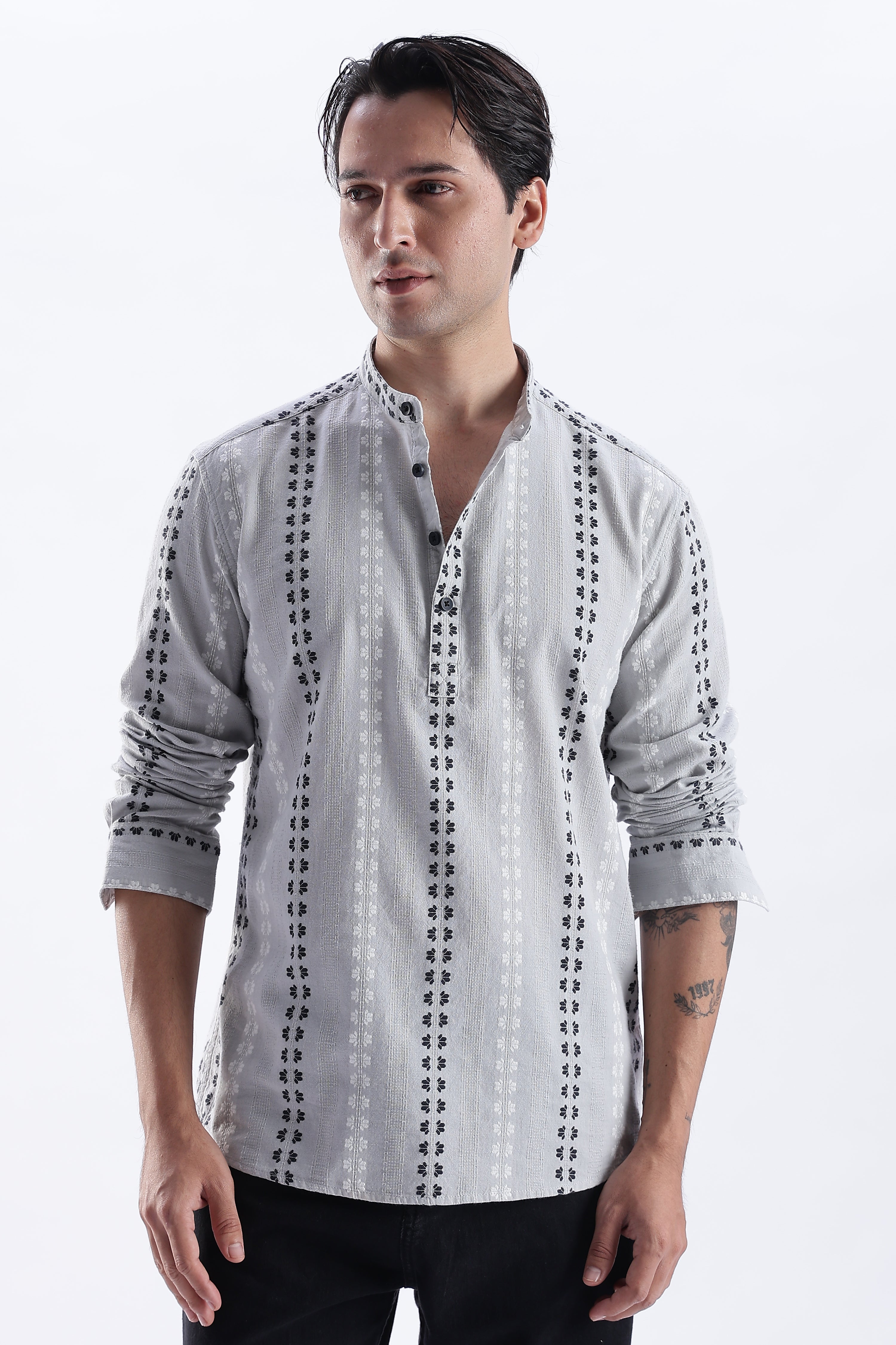 Uri Charcoal Dobby Motif Short Kurta Uri