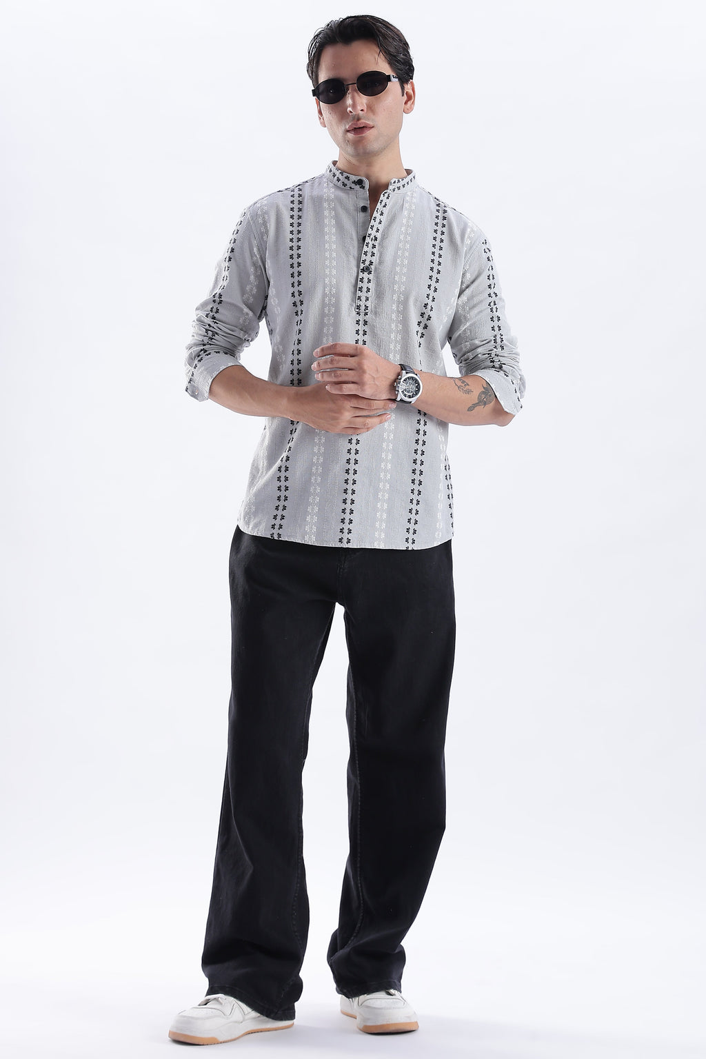 Uri Charcoal Dobby Motif Short Kurta Uri