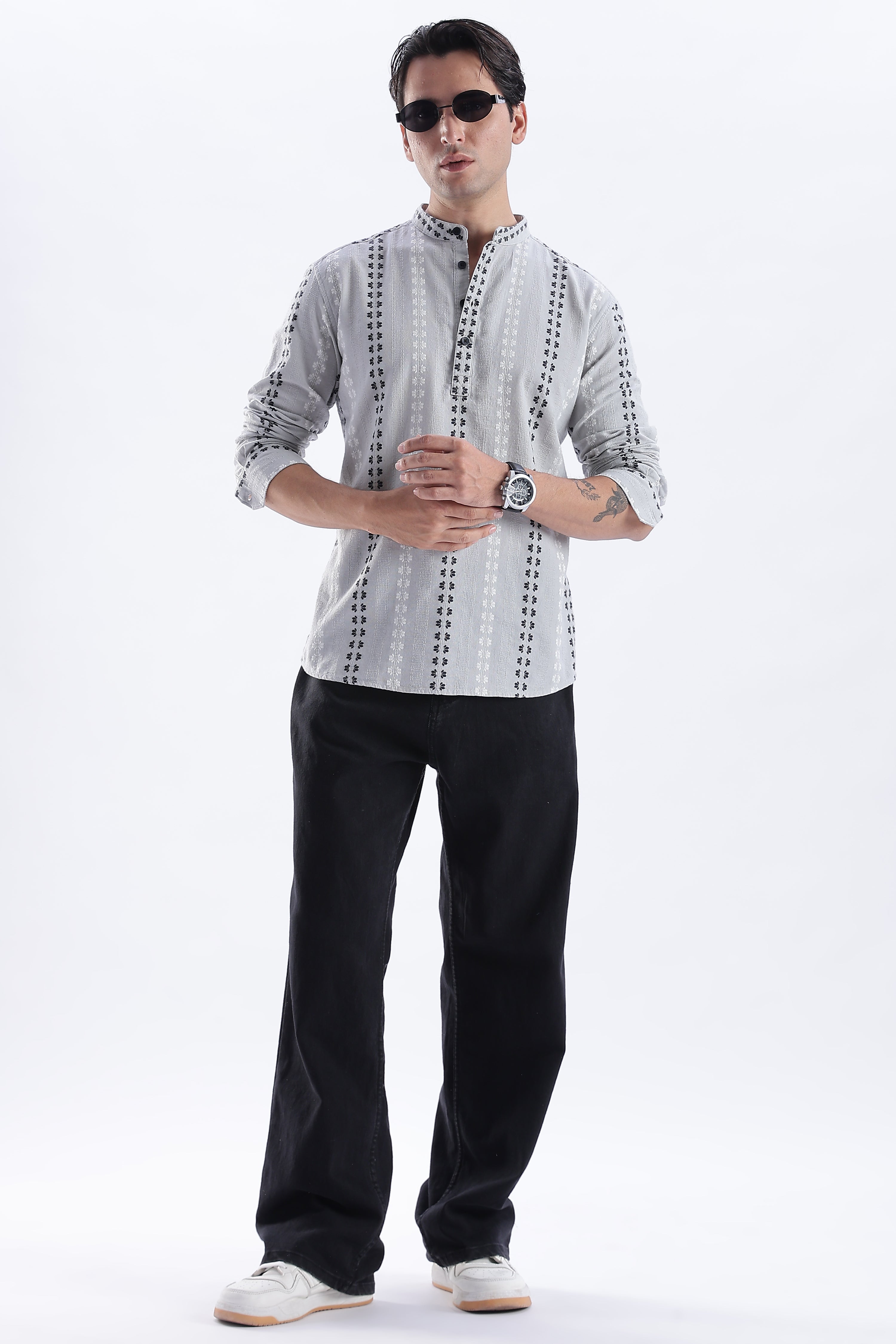 Uri Charcoal Dobby Motif Short Kurta Uri