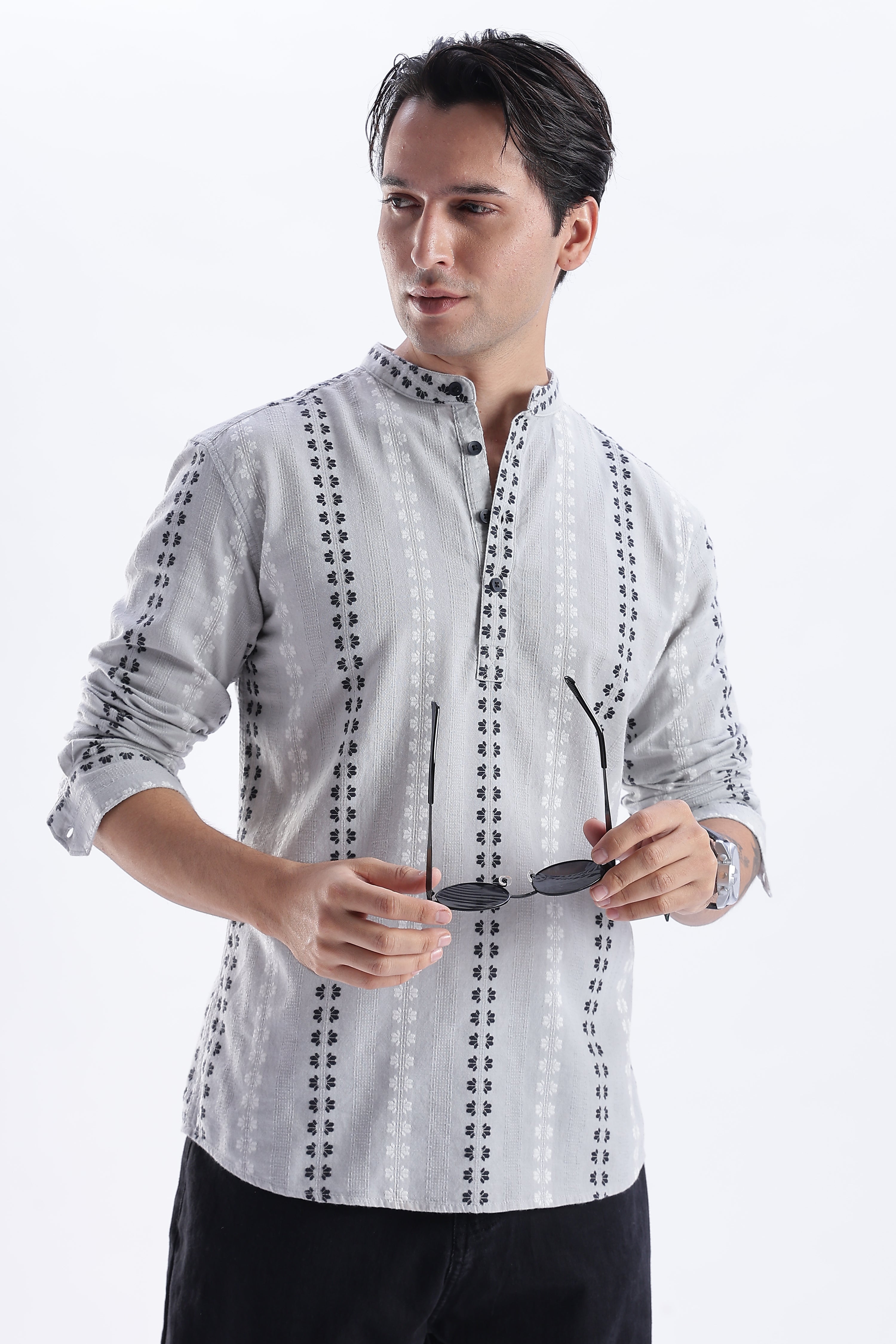Uri Charcoal Dobby Motif Short Kurta Uri