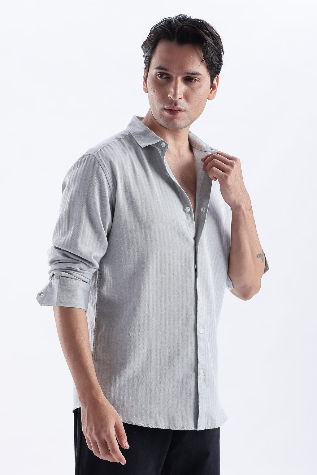 Uri Ash Grey Herringbone Cotton Shirt Uri