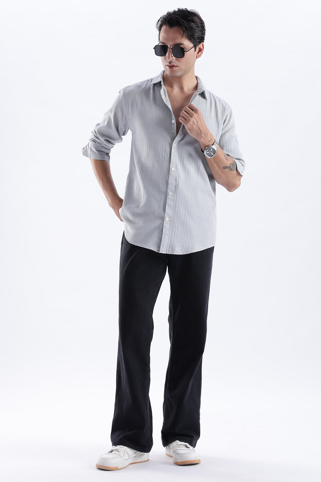 Uri Ash Grey Herringbone Cotton Shirt Uri