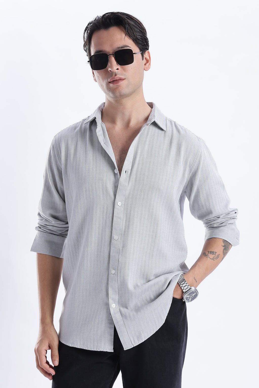 Uri Ash Grey Herringbone Cotton Shirt Uri