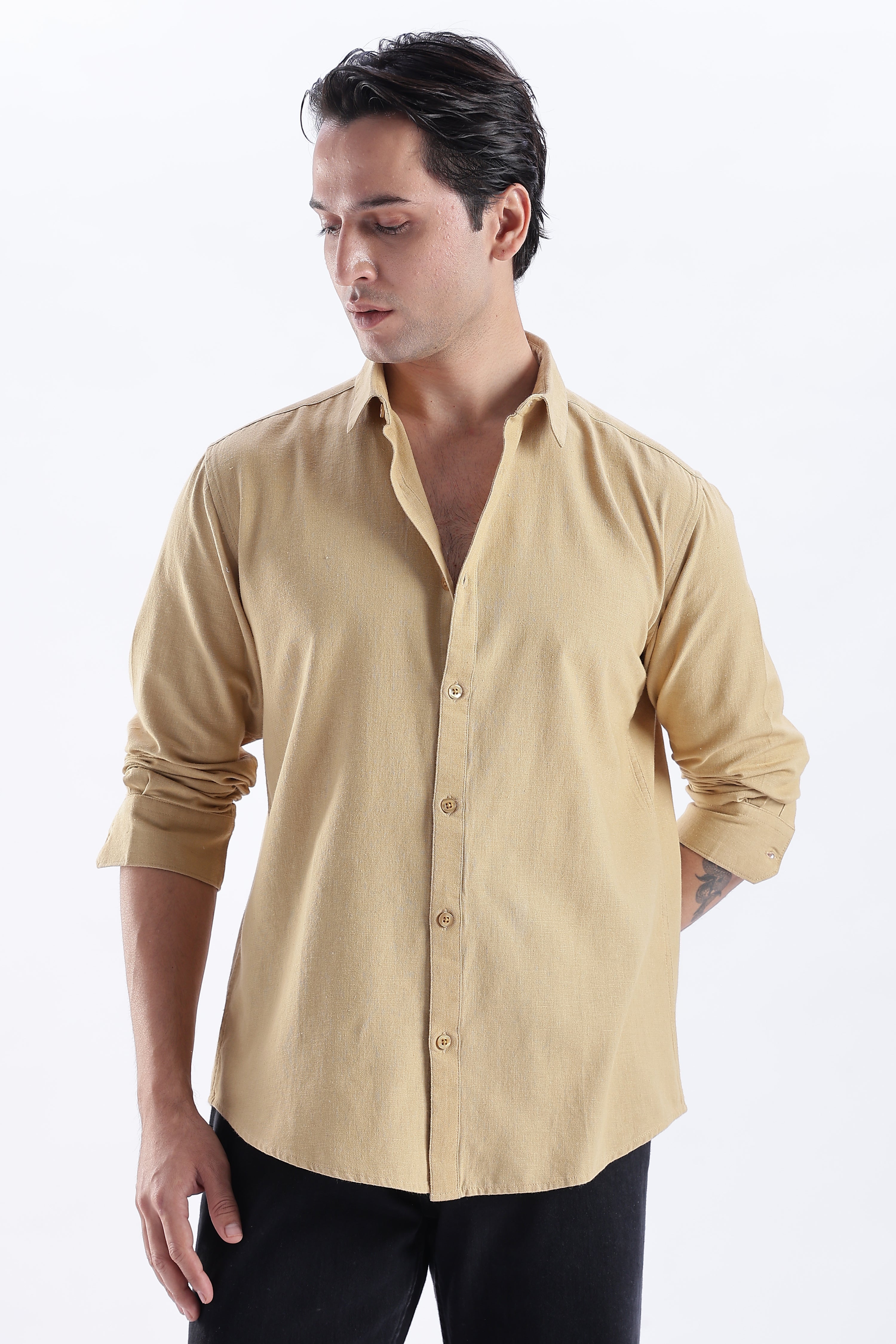 Uri Taupe Spread Collar Solid Shirt Uri