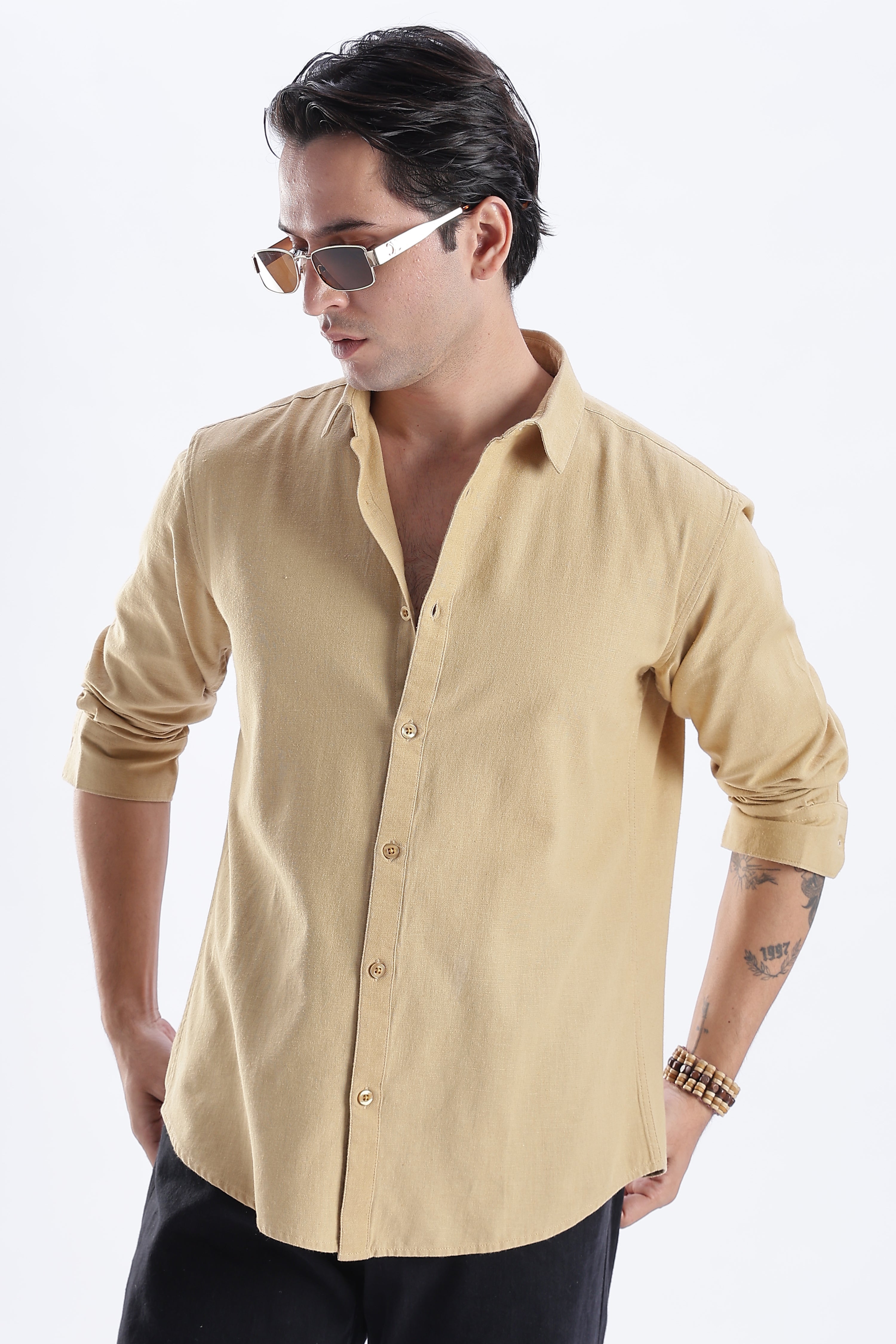 Uri Taupe Spread Collar Solid Shirt Uri