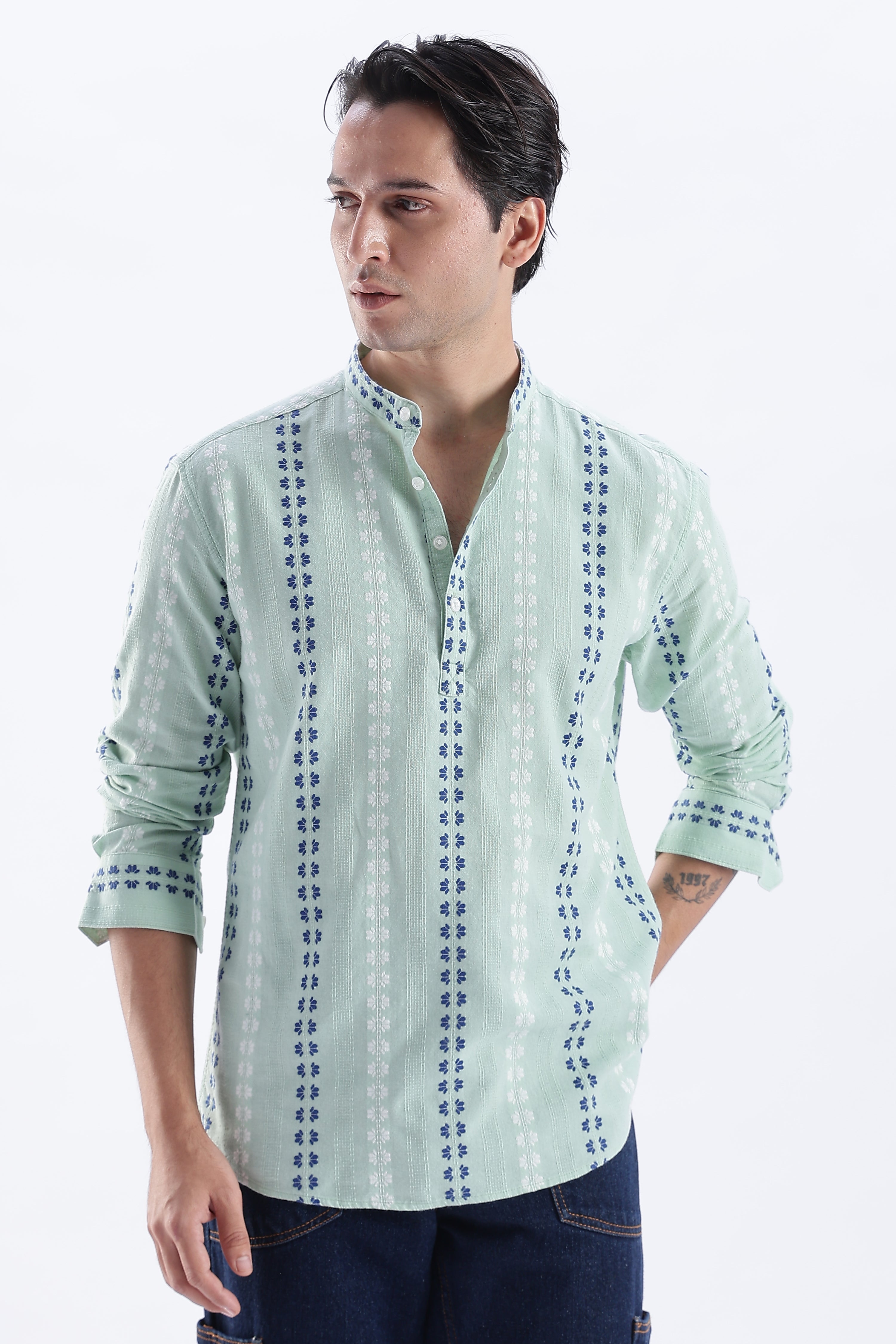 Uri Mint Dobby Motif Short Kurta Uri