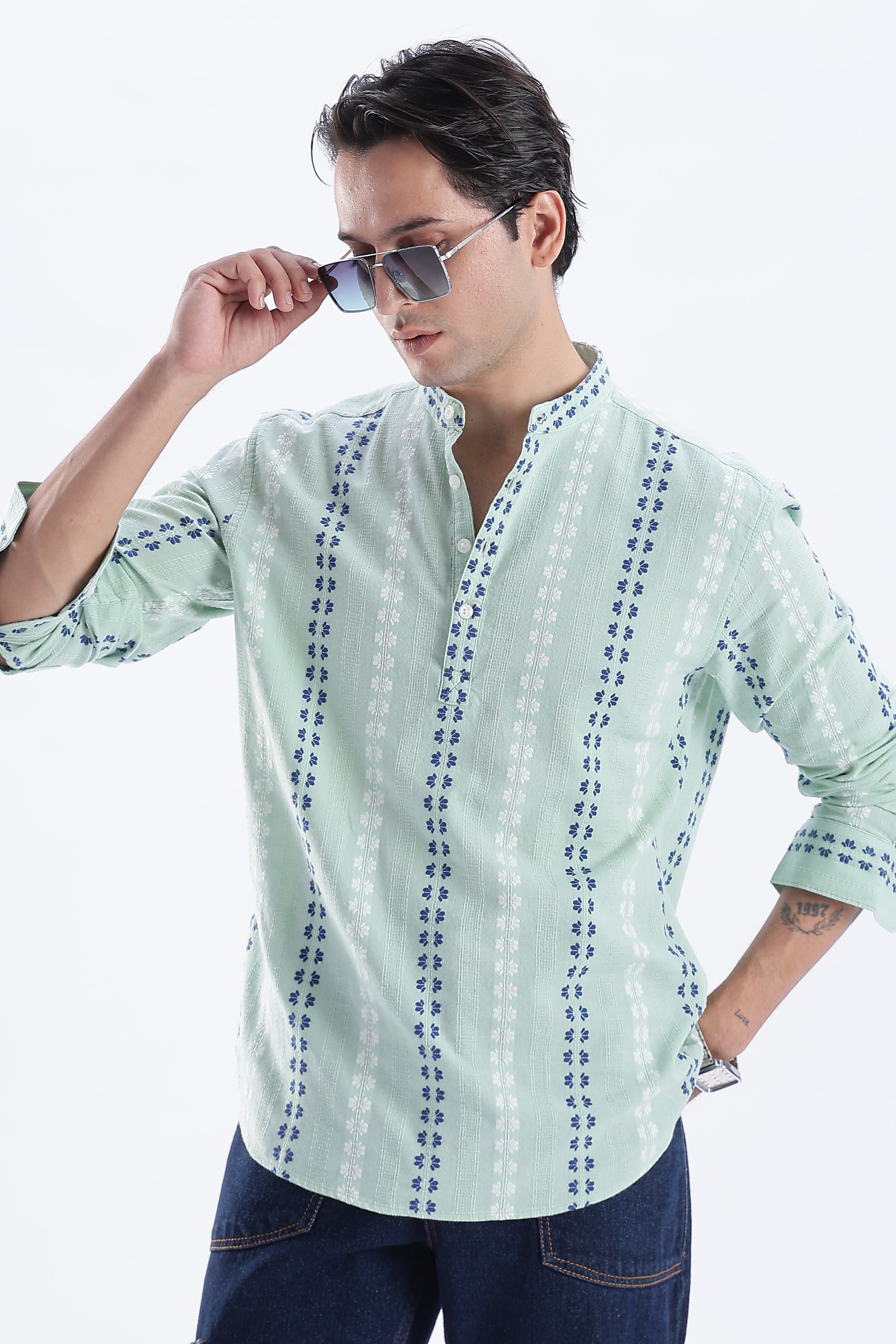 Uri Mint Dobby Motif Short Kurta Uri