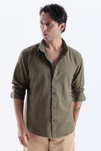 Uri Deep Olive Spread Collar Solid Shirt Uri