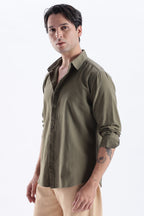 Uri Deep Olive Spread Collar Solid Shirt Uri