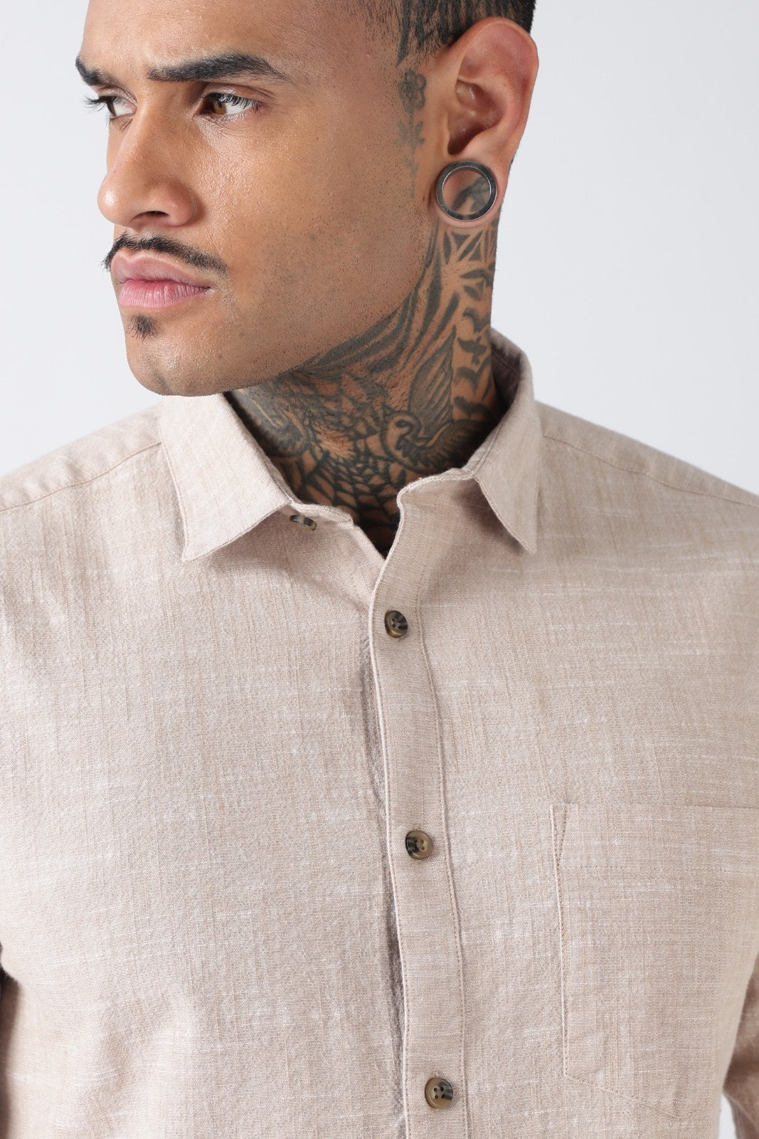 Beige Textured Cotton Casual Shirt