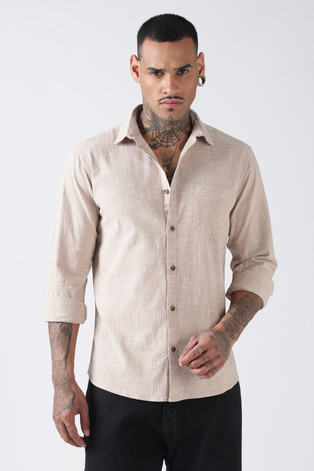 Beige Textured Cotton Casual Shirt