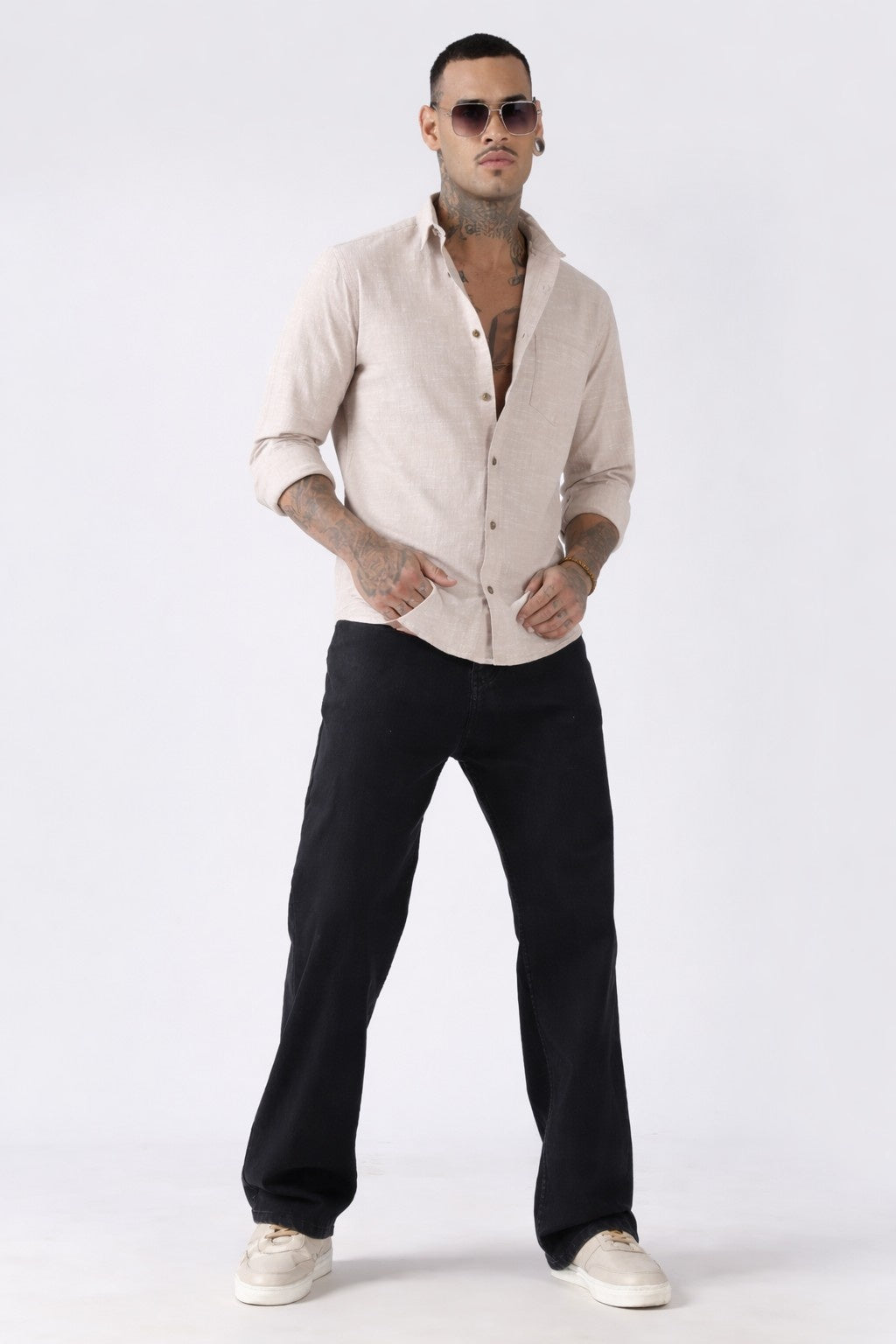 Beige Textured Cotton Casual Shirt