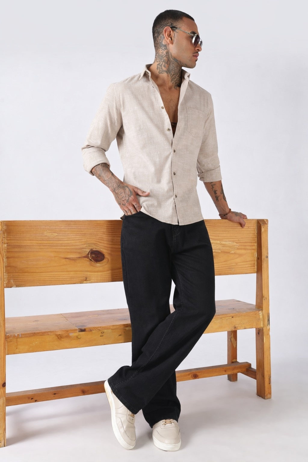 Beige Textured Cotton Casual Shirt