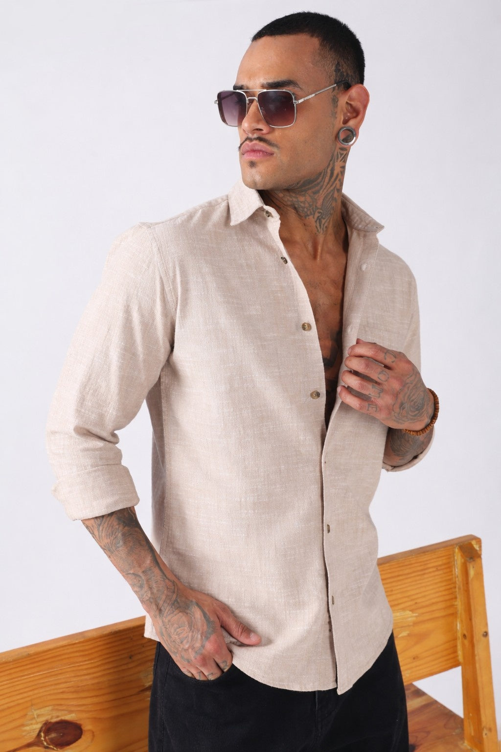 Beige Textured Cotton Casual Shirt