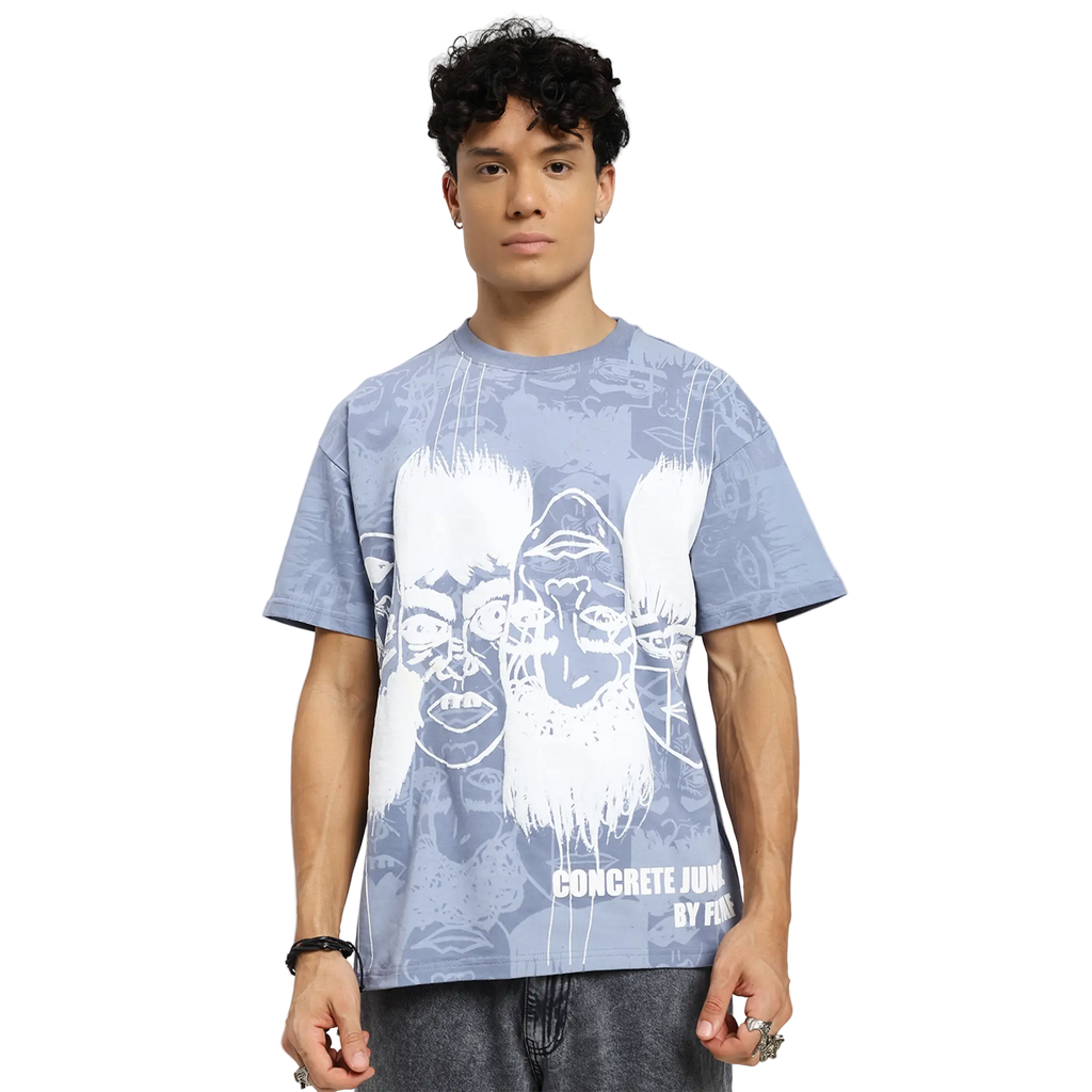 Static Jungle Round Neck Printed Blue T-Shirt FLYAF