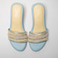 Powder Blue round 2 inch heels with slide straps of intrictae pastel pink, yellow and blue handwork with pearls