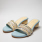 Powder Blue round 2 inch heels with slide straps of intrictae pastel pink, yellow and blue handwork with pearls
