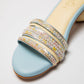 Powder Blue round 2 inch heels with slide straps of intrictae pastel pink, yellow and blue handwork with pearls