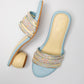 Powder Blue round 2 inch heels with slide straps of intrictae pastel pink, yellow and blue handwork with pearls
