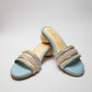 Powder Blue round 2 inch heels with slide straps of intrictae pastel pink, yellow and blue handwork with pearls