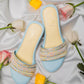 Powder Blue round 2 inch heels with slide straps of intrictae pastel pink, yellow and blue handwork with pearls