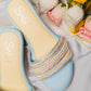Powder Blue round 2 inch heels with slide straps of intrictae pastel pink, yellow and blue handwork with pearls