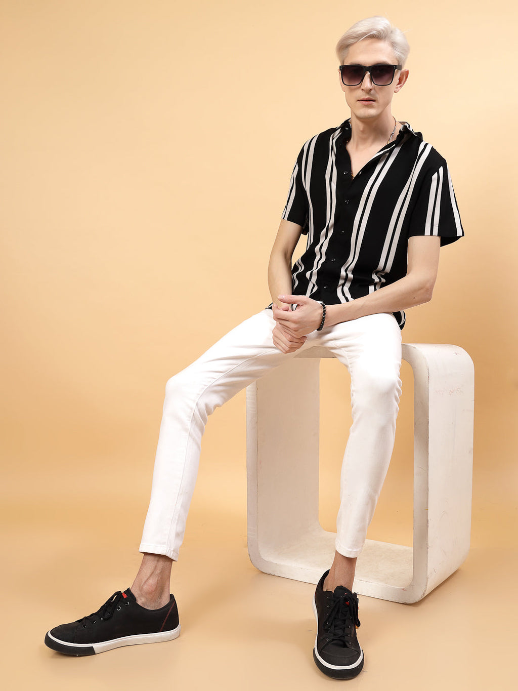 Classic Men's Slim Fit Rayon Black Stripes Shirt