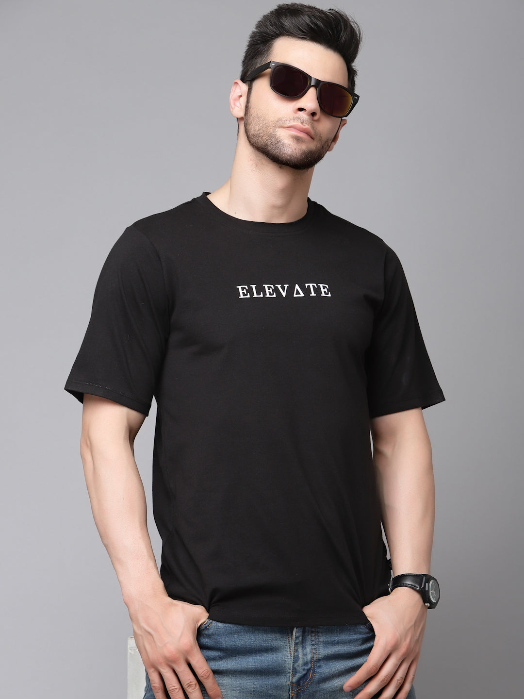 Black Printed Oversized Half Sleeves Round Neck Cotton T-Shirt